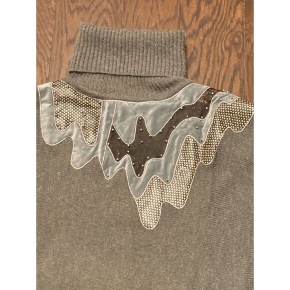 Vintage 80s Abstract Oversized Sweater Dress Large Shoulder Pads Turtleneck Grey - Picture 5 of 16